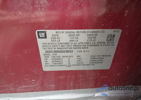 2012 GMC Terrain Sle-1 из США, поврежденный, VIN 2GKFLREK6C6248253